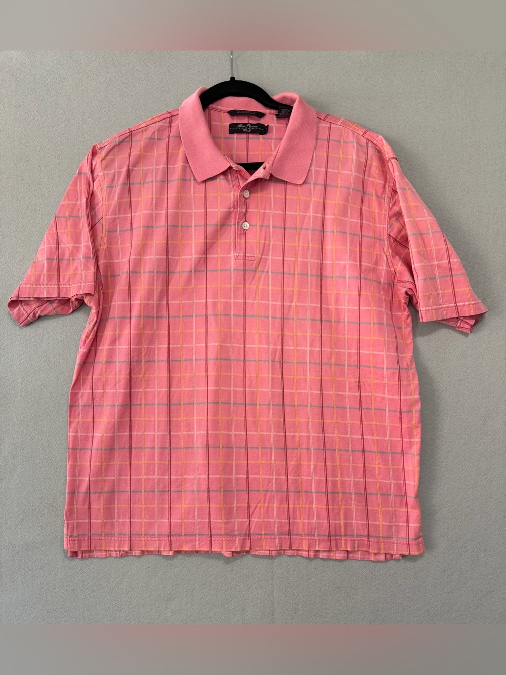 Alan Flusser Mens Large 100% Mercerized Cotton Polo Shirt Pink Plaid Golf